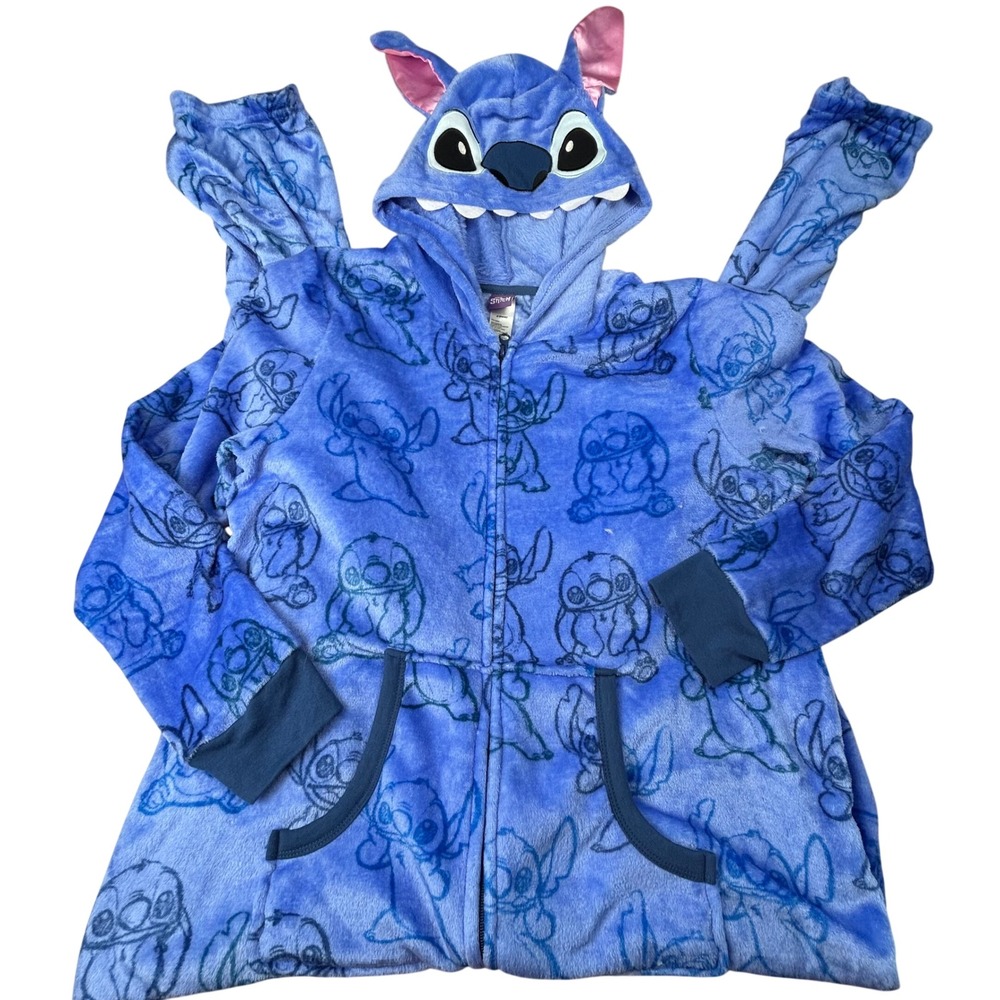 Disney Stitch Plush Fleece Hooded Union Suit Zip Up Pajamas Blue 2X